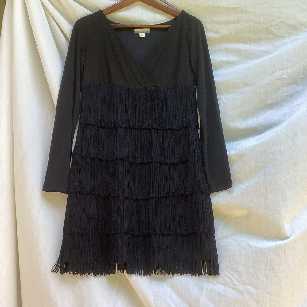 Boston Proper Black Long Sleeve Fringe Dress, size 8